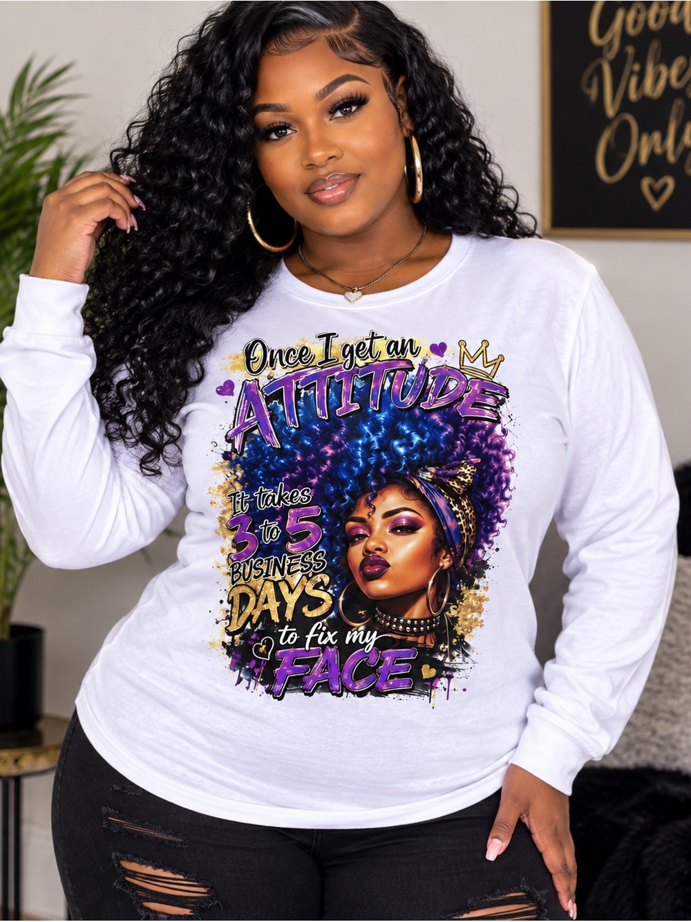 Handcrafted Lilac Long-Sleeve Graphic Tee — Bold Purple & Once I get an Attitude